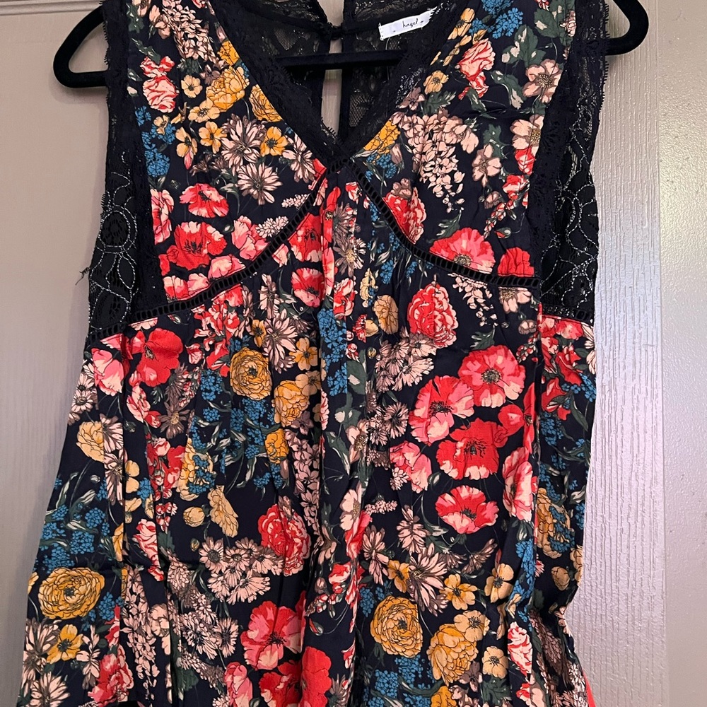 Black and floral blouse with lace detailing